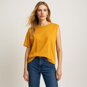 Monrow Honeycomb Yellow One Shoulder Asymmetrical Pleated Sleeve Tee Medium NWT